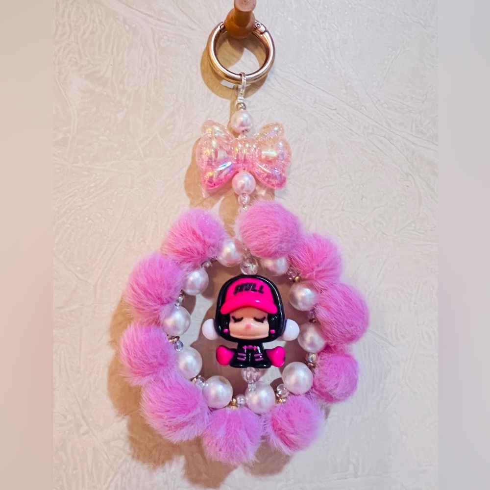 ❤️Pink Plush Ball and Skullpanda Bag/Phone Charm or Keychain